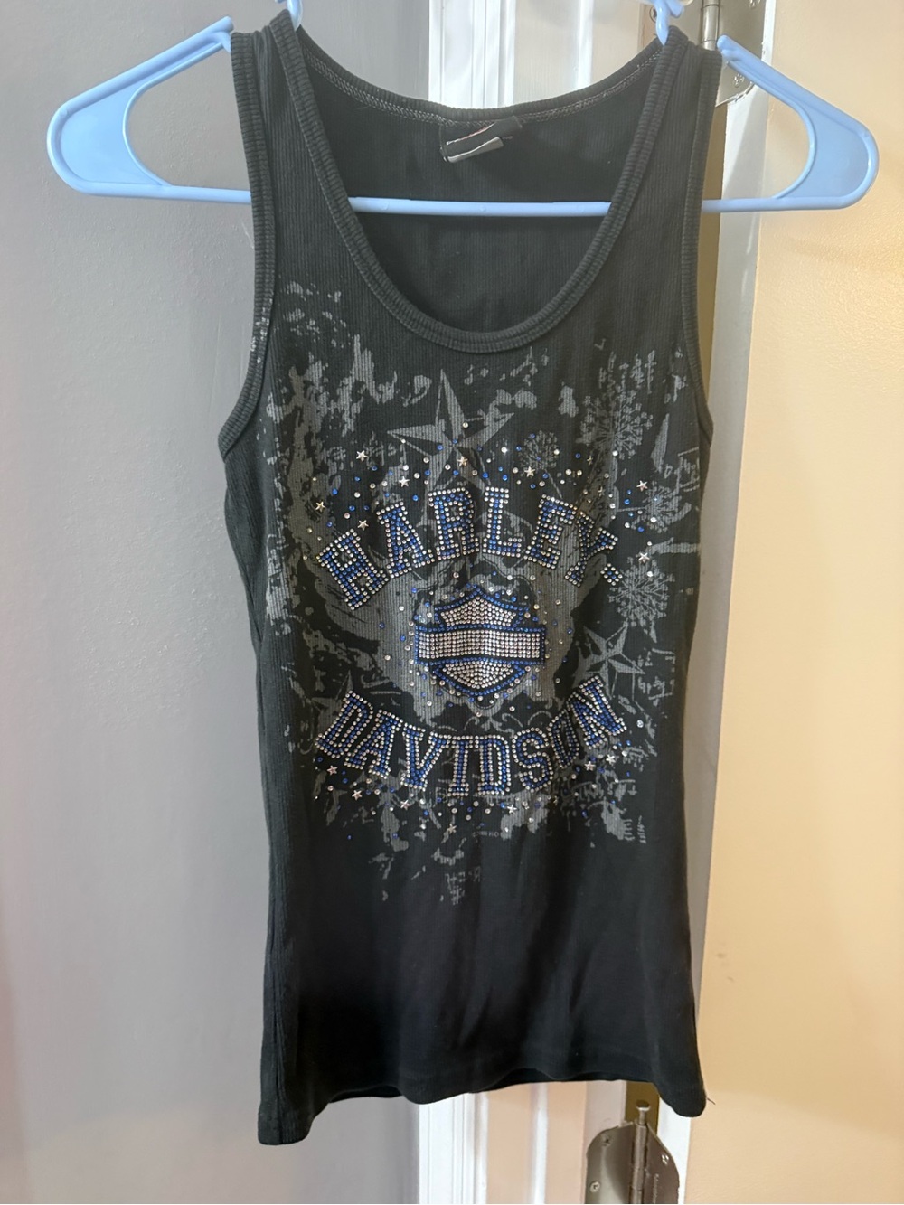 Harley-Davidson Black Tank with Blue Rhinestone Logo